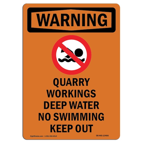 Safety Sign, OSHA WARNING, 5" Height, Quarry Workings Deep, Portrait, 10PK
